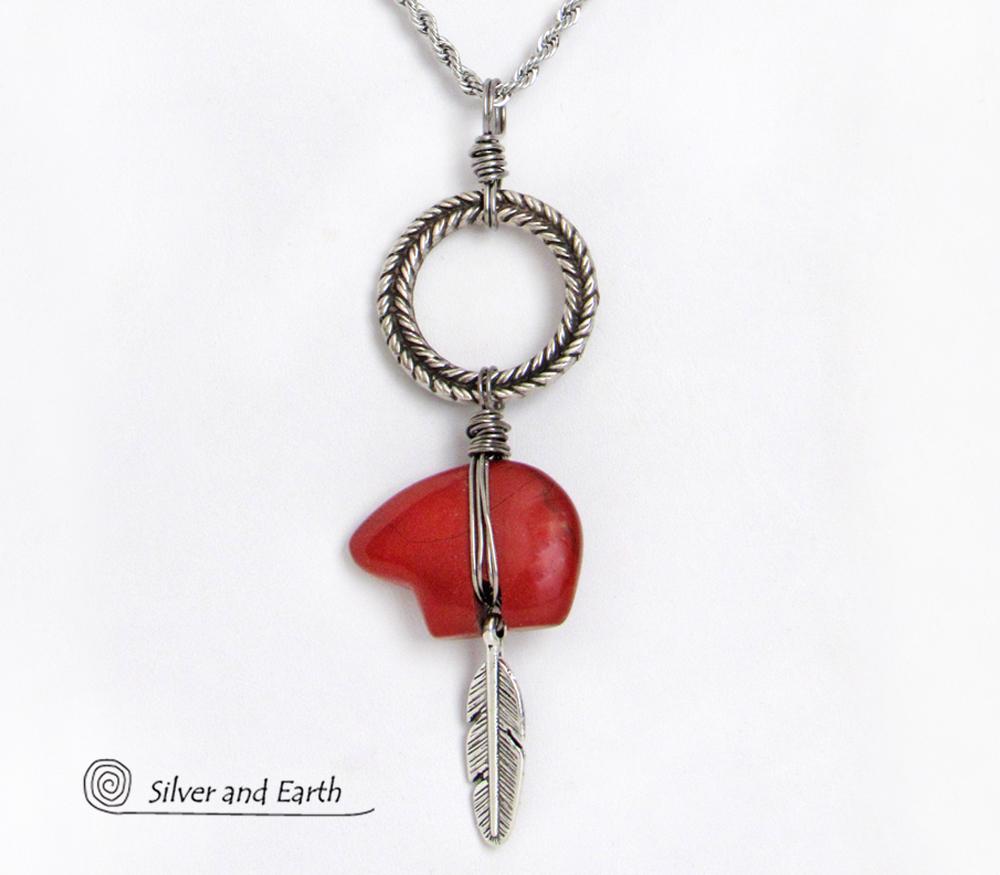 Feather pendant Red cabochon Silver 2024 pendant for her